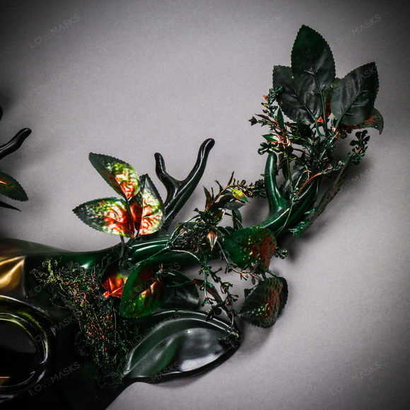 Antler Deer Horn Devil Woodland Forest Halloween Masquerade Mask - Green Gold - Picture 6 of 10